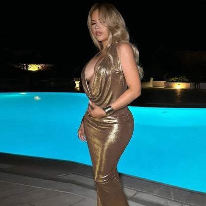 Women's Sheath Dress Sexy V Neck Hollow Out Sleeveless Solid Color Maxi Long Dress Banquet