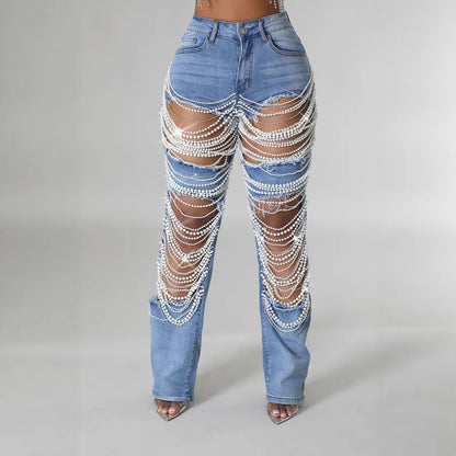 Women's Weekend Daily Party Casual Hip-Hop Sexy Solid Color Full Length Pearl Ripped Jeans