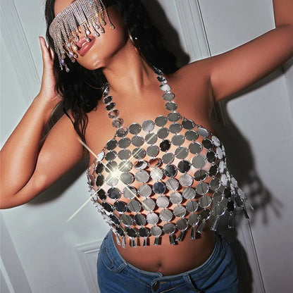 women's tank tops sequins tassel backless fashion