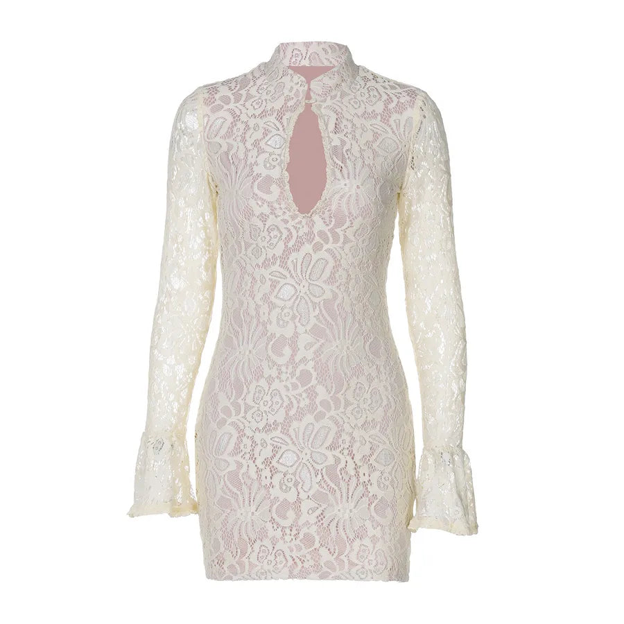 Women's Lace Dress Elegant Standing Collar Lace Long Sleeve Flower Above Knee Holiday Banquet