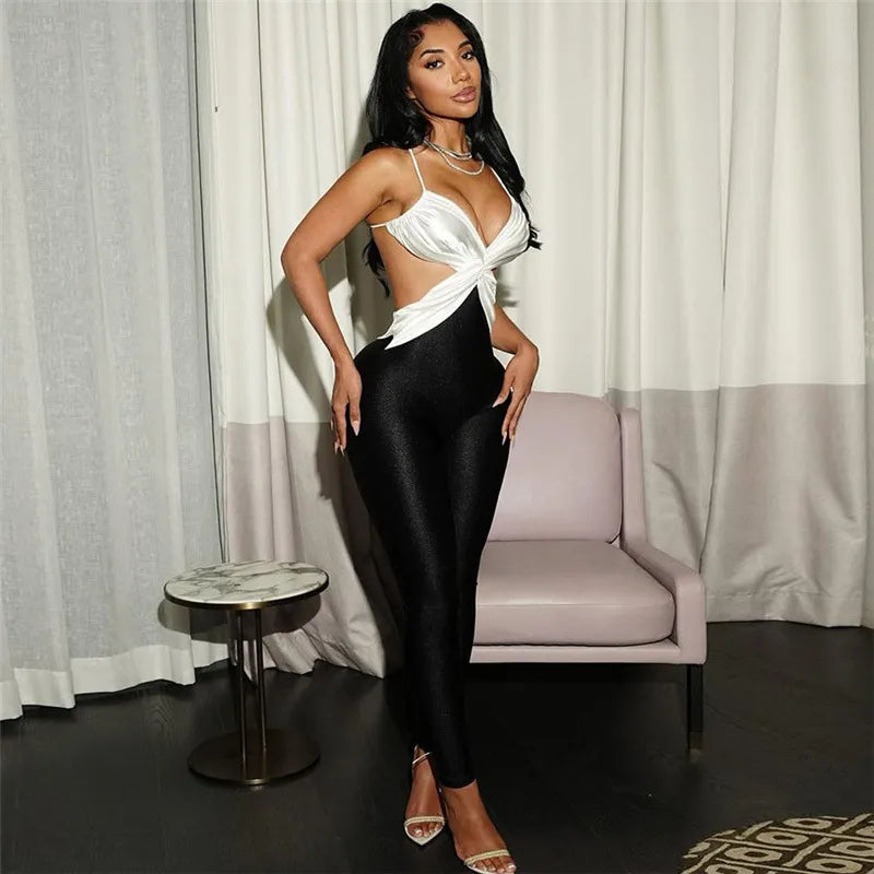 Sexy  Women's One-Piece High-Waisted Color Block Cross Back Tight Long Pants Summer New Arrival