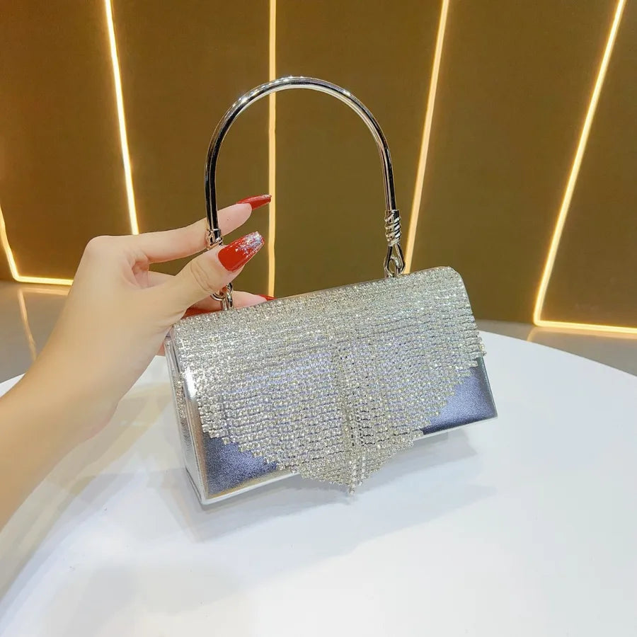 Elegant Fringed Rhinestone Crossbody Clutch Bag For Evening Dresses Cheongsam Ball Gown High-End Women's Handbag Fashionable Square Polyester Bag