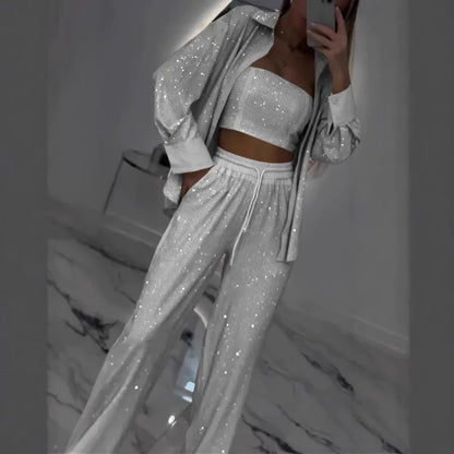 Sequin Suit Jacket Tube Top Wide Leg Pants Three Piece Set