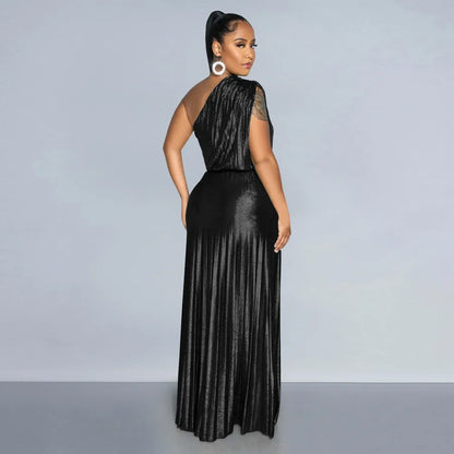 Elegant Pure Color C7506 Women's Dress Glowing Gold Shoulder Sleeveless A-Line Skirt Fashionable Commute Style Polyester Lycra