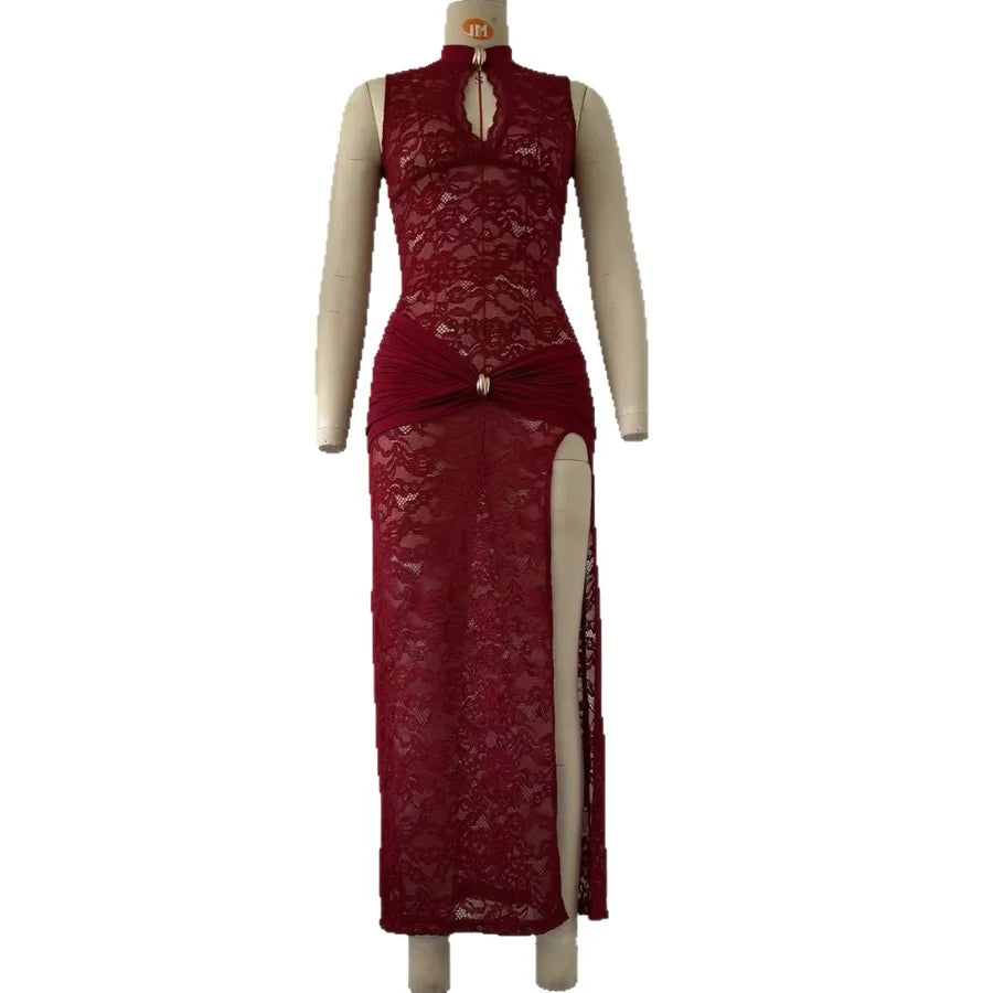 Sexy Fashionable Lace Hollow Out High Slit Sleeveless Dress Women's Dress European Style Street Snap High Street Pure Color Polyester