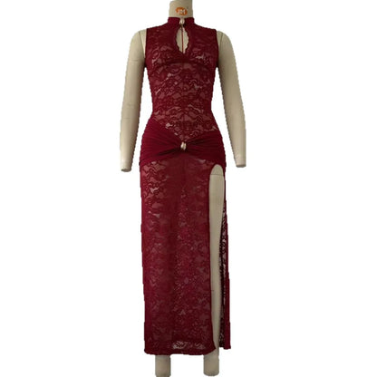 Sexy Fashionable Lace Hollow Out High Slit Sleeveless Dress Women's Dress European Style Street Snap High Street Pure Color Polyester