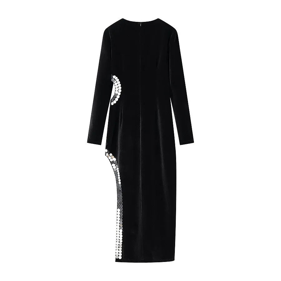 Women's Sheath Dress Elegant Sexy Round Neck Sequins Hollow Out Long Sleeve Solid Color Maxi Long Dress Holiday Banquet