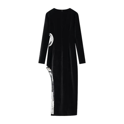 Women's Sheath Dress Elegant Sexy Round Neck Sequins Hollow Out Long Sleeve Solid Color Maxi Long Dress Holiday Banquet