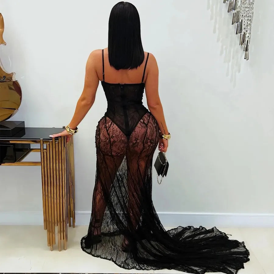 Elegant Sexy Lace See-through Dress C7520  Fashion Women's Clothing Strapless Evening Gown Fish Tail Skirt