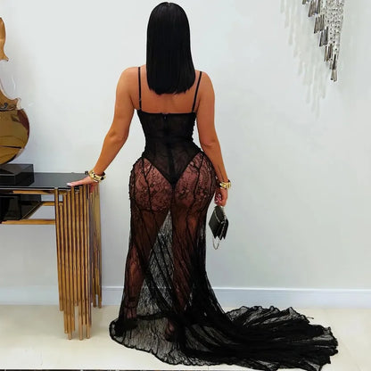 Elegant Sexy Lace See-through Dress C7520  Fashion Women's Clothing Strapless Evening Gown Fish Tail Skirt