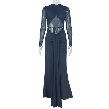 Elegant Simple Long Sexy Bodycon Wrap Chest Skirt Dress European Style Pure Color Pleated One Step Dress Transparent High Neck Long Sleeve
