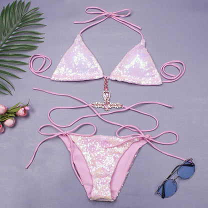 women's solid color sequins 2 piece set bikinis