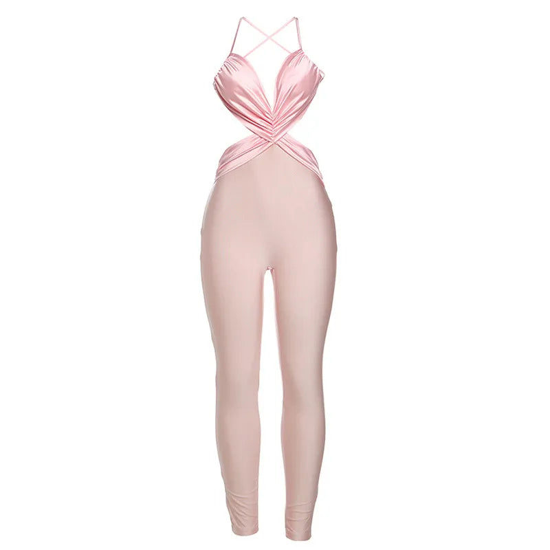 Sexy  Women's One-Piece High-Waisted Color Block Cross Back Tight Long Pants Summer New Arrival