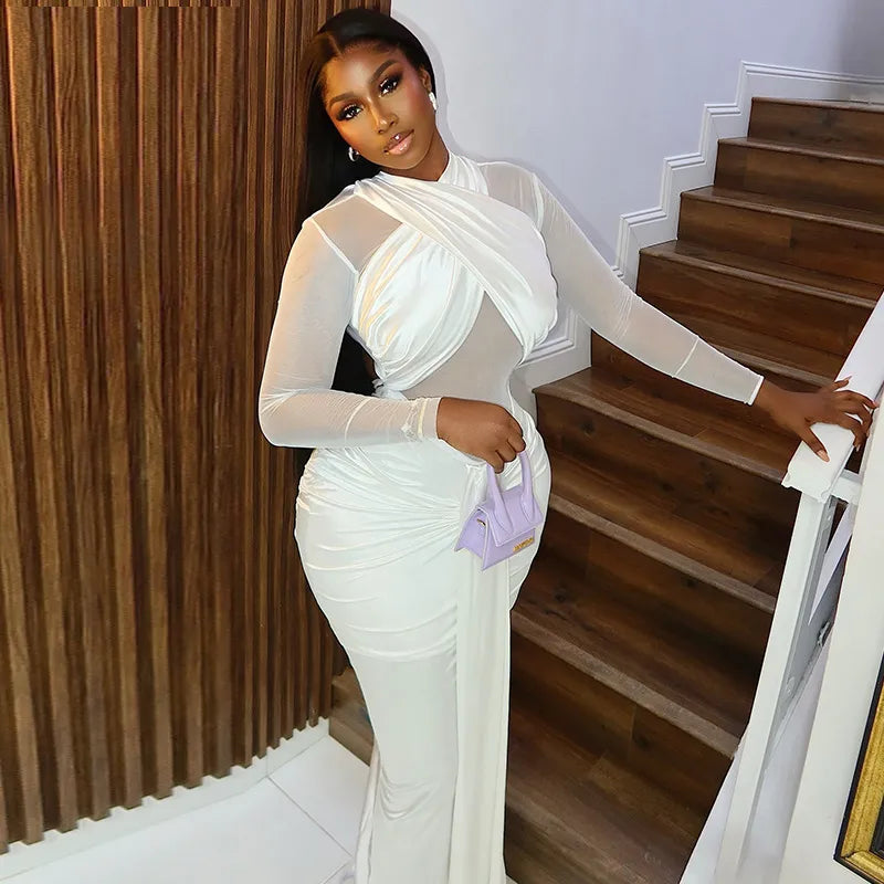 Elegant Simple Long Sexy Bodycon Wrap Chest Skirt Dress European Style Pure Color Pleated One Step Dress Transparent High Neck Long Sleeve