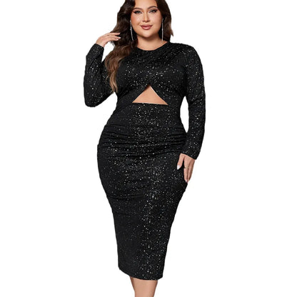 Navel-Exposed One-Piece Hip Skirt Female  Station outside New round Neck Long Sleeve Split Dress Female