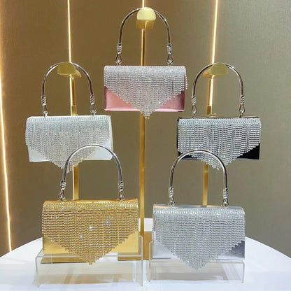 Elegant Fringed Rhinestone Crossbody Clutch Bag For Evening Dresses Cheongsam Ball Gown High-End Women's Handbag Fashionable Square Polyester Bag