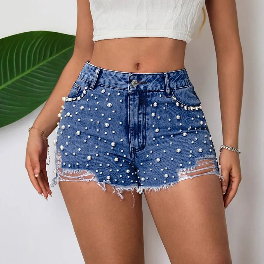 Elegant Pearl Detailing Women's Jeans Shorts With Belt Loop  Style Cotton Polyester Denim Straight Leg