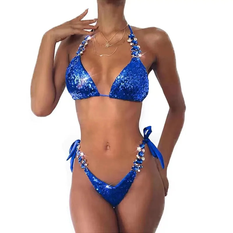 women's solid color sequins 2 piece set bikinis