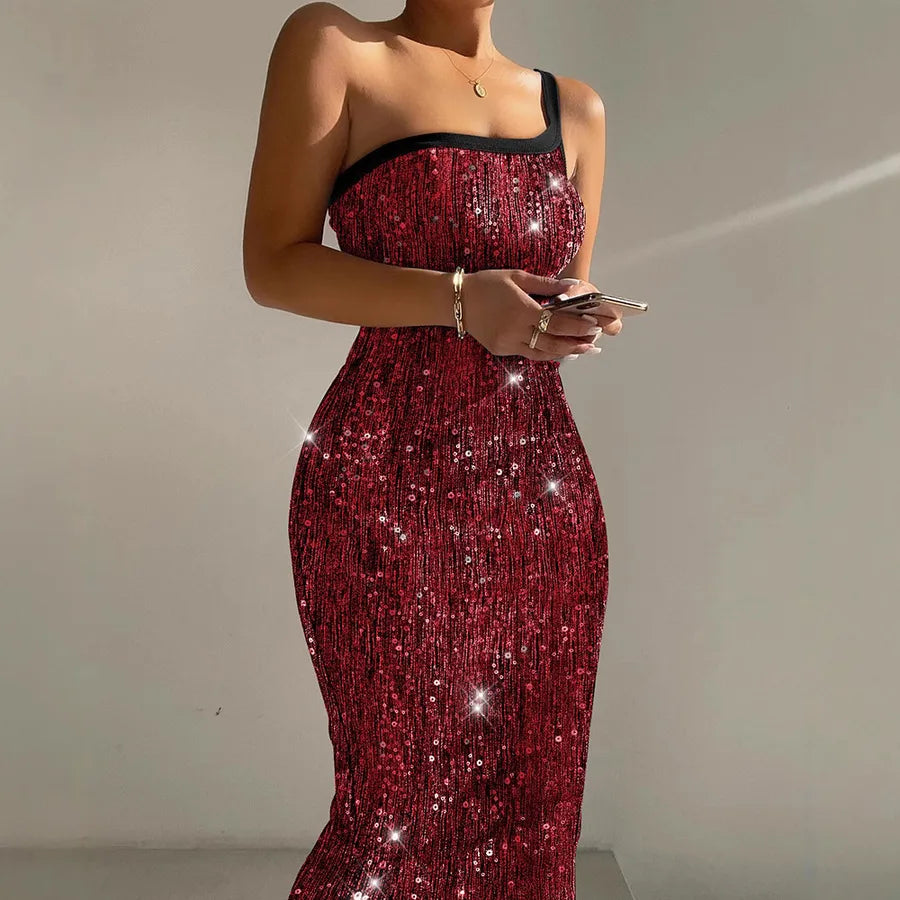 Women's Sheath Dress Elegant Sexy One Shoulder Sequins Sleeveless Solid Color Midi Dress Holiday Banquet
