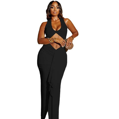 Elegant Pure Color Hollow Out Strap Dress Sexy European Style Street Fashion V-Neck Long Sleeve One Step Skirt With Sash