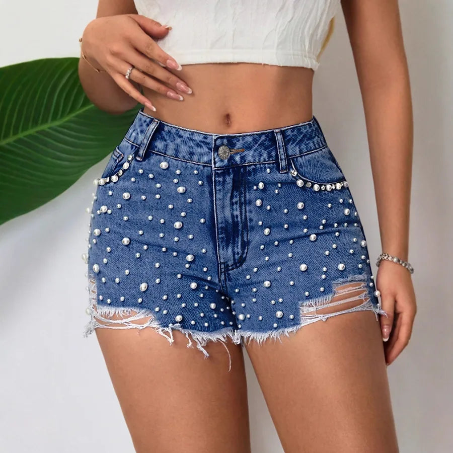 Elegant Pearl Detailing Women's Jeans Shorts With Belt Loop  Style Cotton Polyester Denim Straight Leg