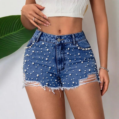 Elegant Pearl Detailing Women's Jeans Shorts With Belt Loop  Style Cotton Polyester Denim Straight Leg