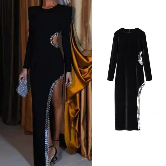 Women's Sheath Dress Elegant Sexy Round Neck Sequins Hollow Out Long Sleeve Solid Color Maxi Long Dress Holiday Banquet