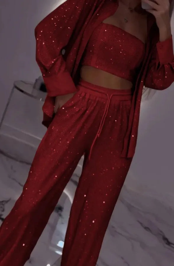 Sequin Suit Jacket Tube Top Wide Leg Pants Three Piece Set