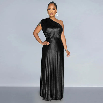 Elegant Pure Color C7506 Women's Dress Glowing Gold Shoulder Sleeveless A-Line Skirt Fashionable Commute Style Polyester Lycra