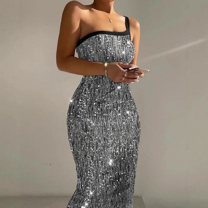 Women's Sheath Dress Elegant Sexy One Shoulder Sequins Sleeveless Solid Color Midi Dress Holiday Banquet