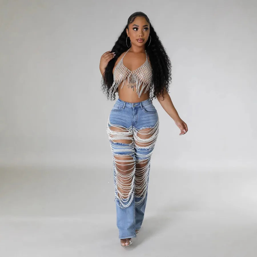 Women's Weekend Daily Party Casual Hip-Hop Sexy Solid Color Full Length Pearl Ripped Jeans