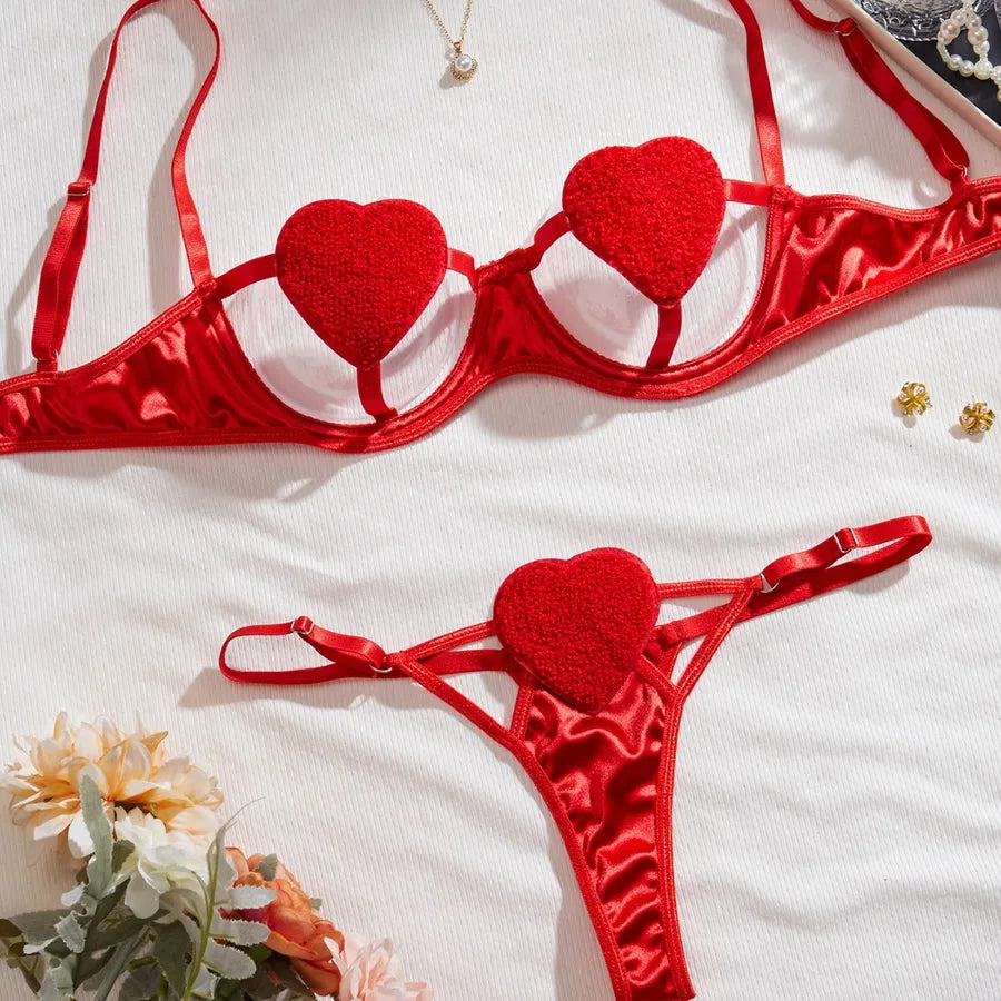Women's Sexy Heart Shape Sexy Lingerie Sets Home Honeymoon Three-point Low Waist Thong Sexy Lingerie