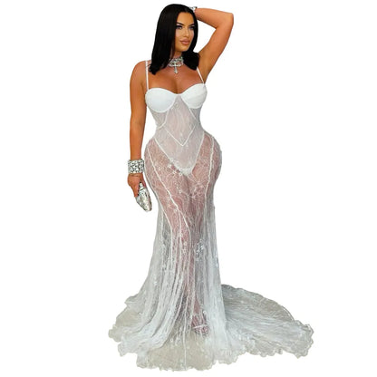 Elegant Sexy Lace See-through Dress C7520  Fashion Women's Clothing Strapless Evening Gown Fish Tail Skirt