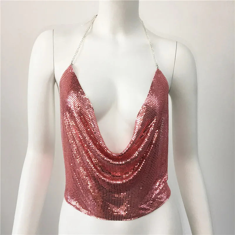 Women'S Wrap Crop Top Tank Tops Sequins Sexy Solid Color