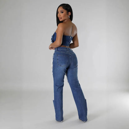 Women's Weekend Daily Party Casual Hip-Hop Sexy Solid Color Full Length Pearl Ripped Jeans