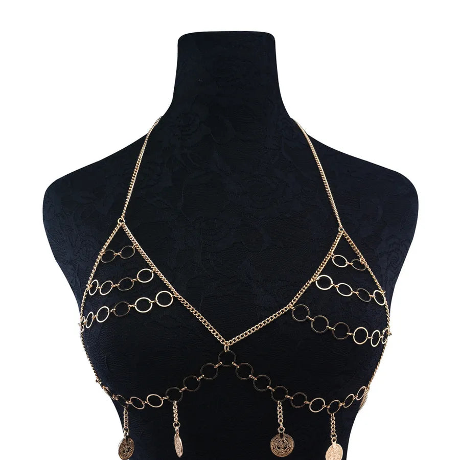 jewelry  vintage alloy chest chain women's hollow gold chain handmade body chain