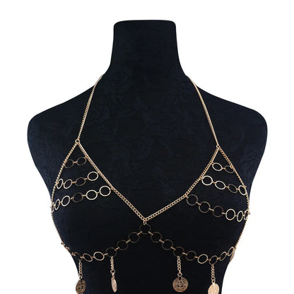 jewelry  vintage alloy chest chain women's hollow gold chain handmade body chain