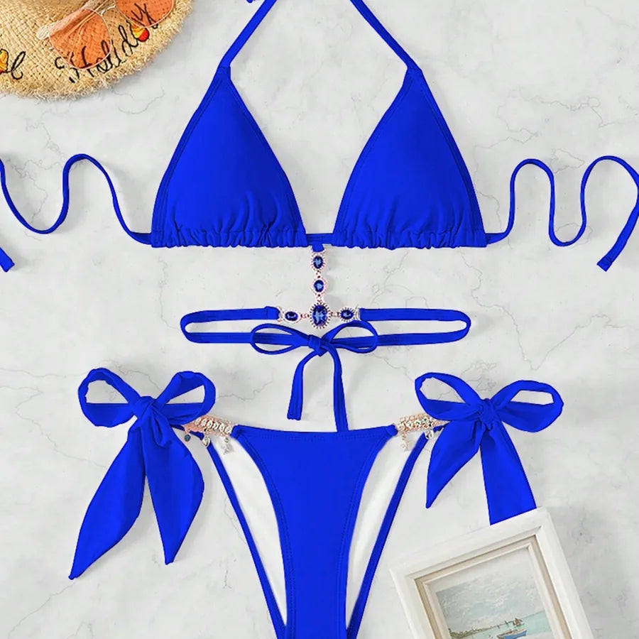 Rhinestone T-Strap Solid Color Bikini