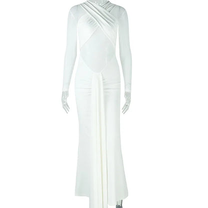 Elegant Simple Long Sexy Bodycon Wrap Chest Skirt Dress European Style Pure Color Pleated One Step Dress Transparent High Neck Long Sleeve