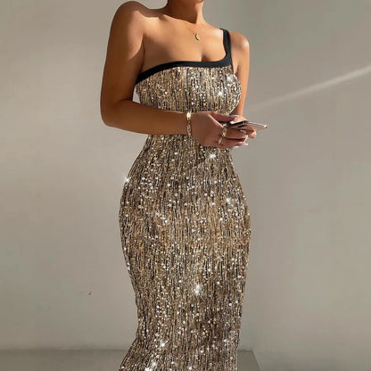 Women's Sheath Dress Elegant Sexy One Shoulder Sequins Sleeveless Solid Color Midi Dress Holiday Banquet