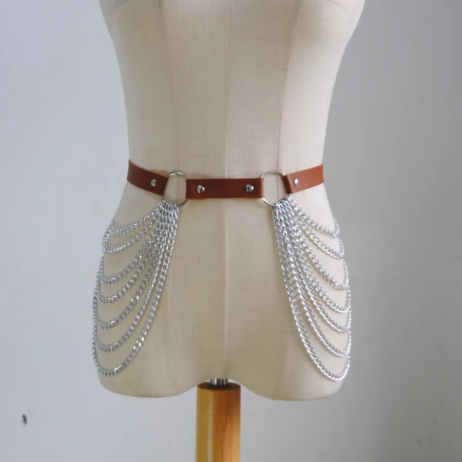 jewelry sexy pu leather multi-layer chain chest chain metal leather bra top accessories body chain