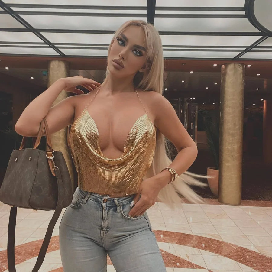 Women'S Wrap Crop Top Tank Tops Sequins Sexy Solid Color