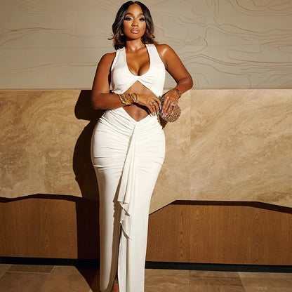 Elegant Pure Color Hollow Out Strap Dress Sexy European Style Street Fashion V-Neck Long Sleeve One Step Skirt With Sash