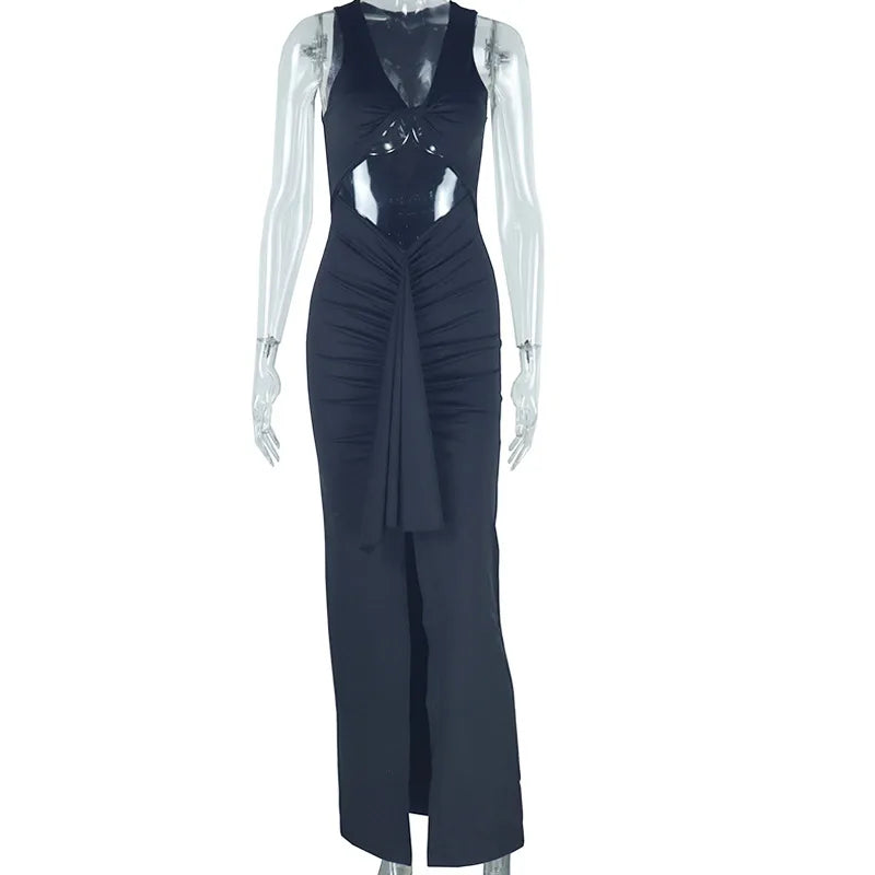 Elegant Pure Color Hollow Out Strap Dress Sexy European Style Street Fashion V-Neck Long Sleeve One Step Skirt With Sash