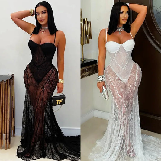 Elegant Sexy Lace See-through Dress C7520  Fashion Women's Clothing Strapless Evening Gown Fish Tail Skirt