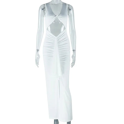 Elegant Pure Color Hollow Out Strap Dress Sexy European Style Street Fashion V-Neck Long Sleeve One Step Skirt With Sash