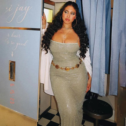 Women's Sheath Dress Elegant Sexy Strap Square Neck Sleeveless Glittery Solid Color Maxi Long Dress Cocktail Party