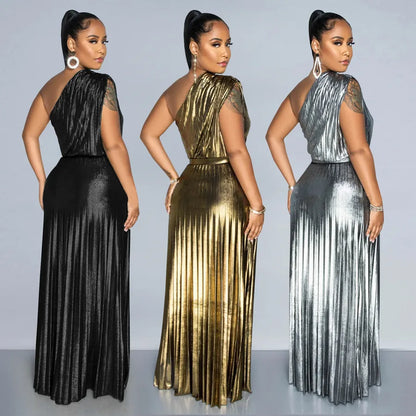 Elegant Pure Color C7506 Women's Dress Glowing Gold Shoulder Sleeveless A-Line Skirt Fashionable Commute Style Polyester Lycra