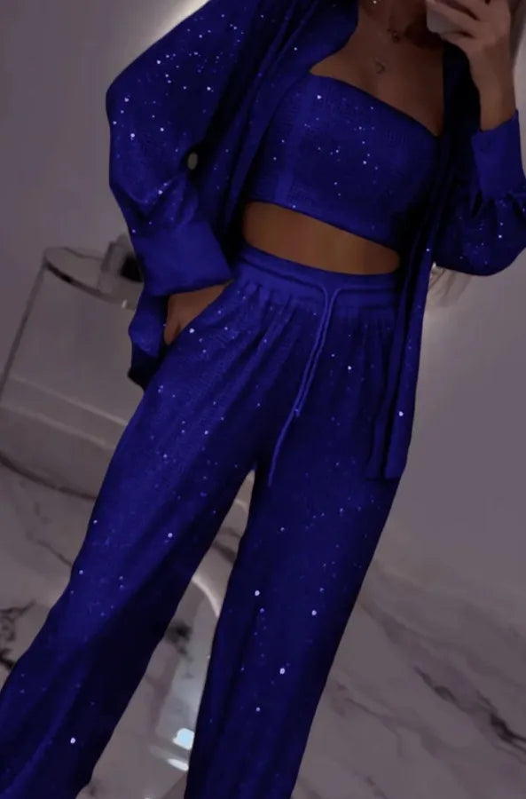 Sequin Suit Jacket Tube Top Wide Leg Pants Three Piece Set