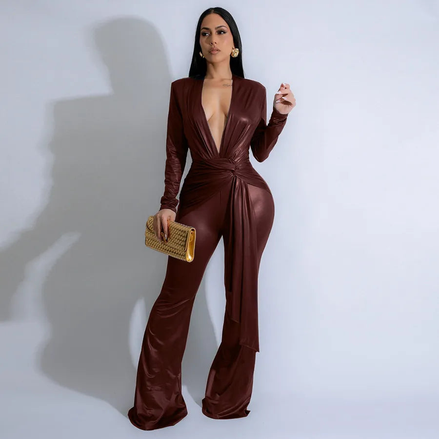 Sexy Deep V Neck Long Sleeve Satin Glitter Fabric Jumpsuit With Sash For Women Party Wear Elastic Waist Regular Fit Knot Design